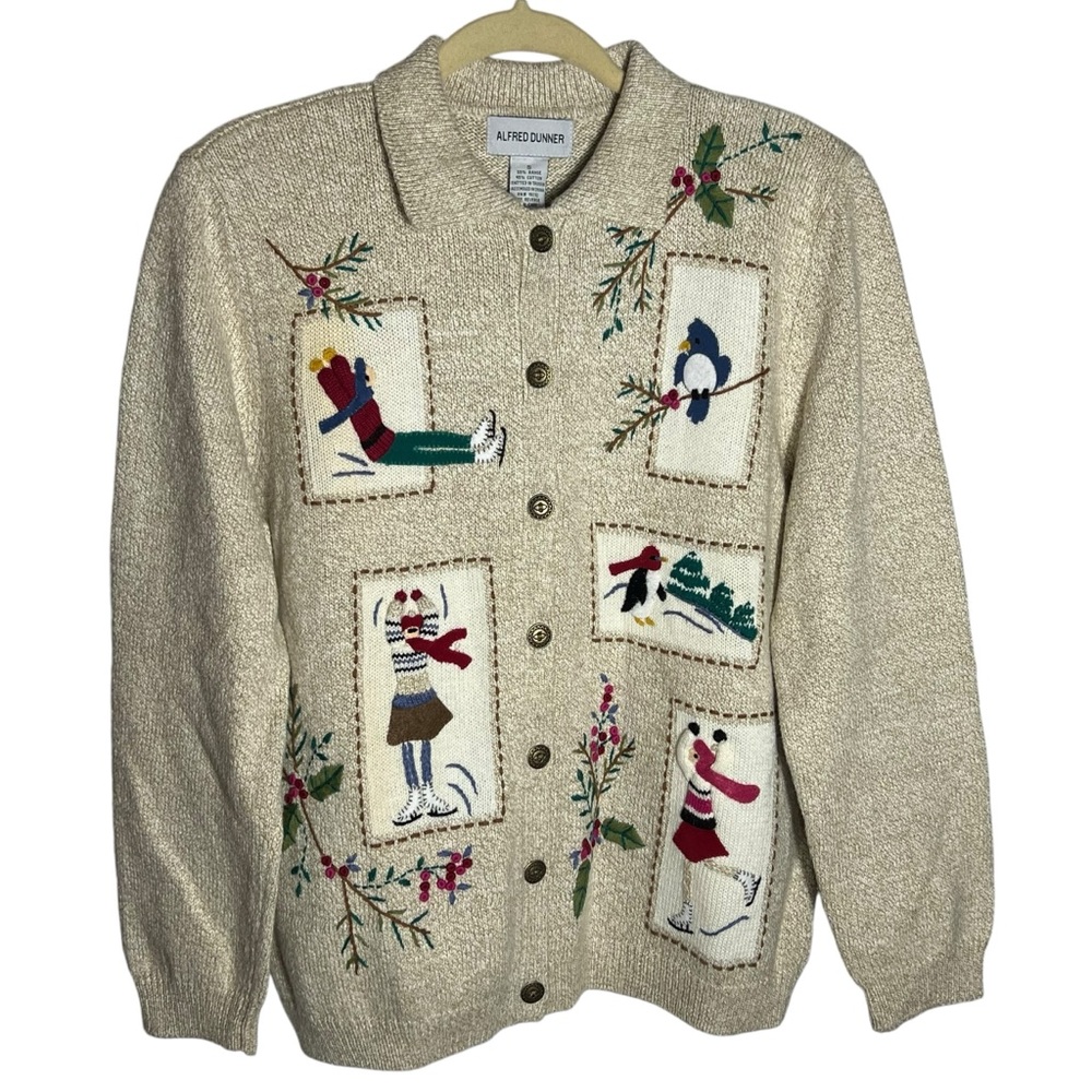 Alfred Dunner Embroidered Winter Scenes Ramie Cotton Blend Knit Sweater, Small